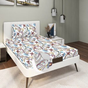 Single Glace Cotton Elastic Fitted Bedsheets With 1 Pillow Cover (White)