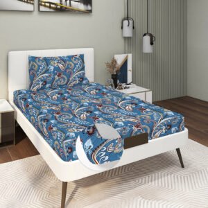 Single Glace Cotton Elastic Fitted Bedsheets With 1 Pillow Cover (Blue)