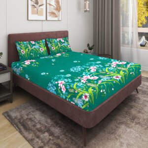 Elastic Fitted King Size Double Bed Sheet With 2 Pillow Covers (Dark Green)