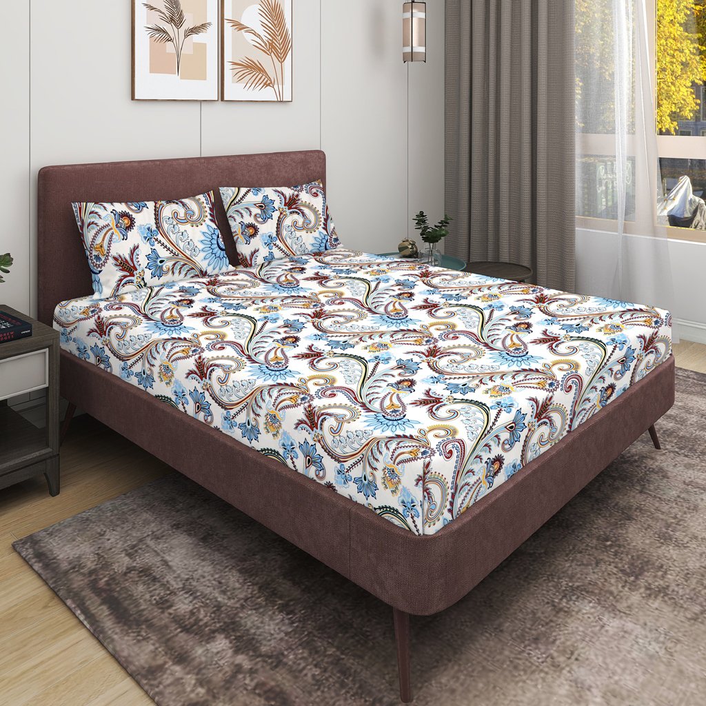 Elastic Fitted King Size Double Bed Sheet With 2 Pillow Covers (White)