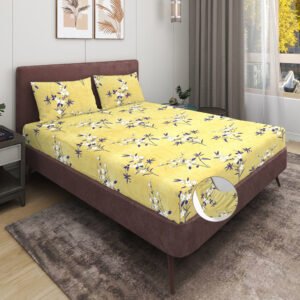 Elastic Fitted King Size Double Bed Sheet With 2 Pillow Covers (Lemon)
