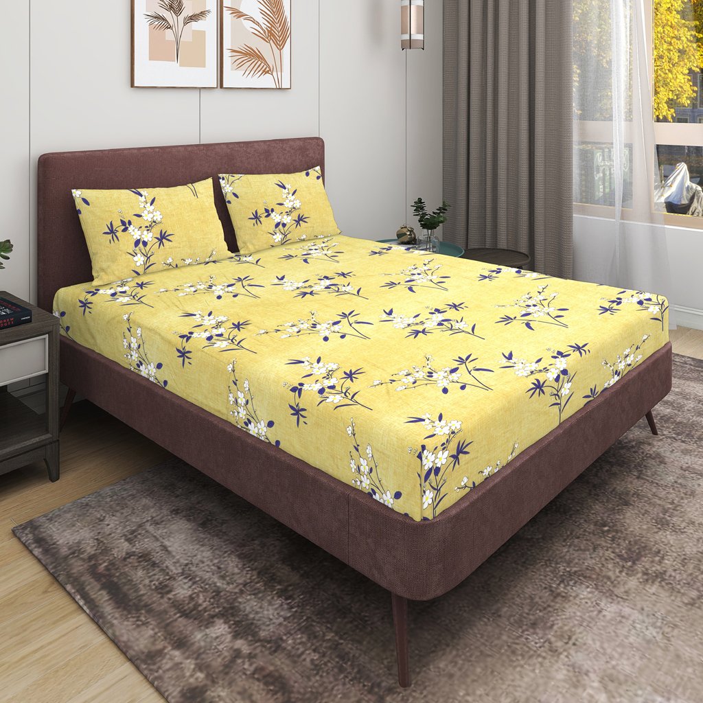 Elastic Fitted King Size Double Bed Sheet With 2 Pillow Covers (Lemon)