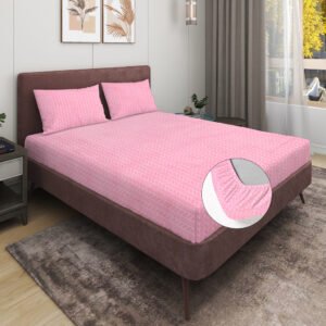 Elastic Fitted King Size Double Bed Sheet With 2 Pillow Covers (Pink)