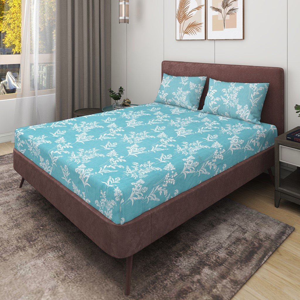 Glace Cotton Double Flat Bedsheet With 2 Pillow Covers (Blue)