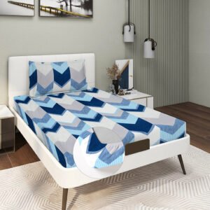 Single Glace Cotton Elastic Fitted Bed Sheet With One Pillow Cover (Blue)