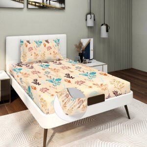 Single Glace Cotton Elastic Fitted Bed Sheet With One Pillow Cover (Cream)