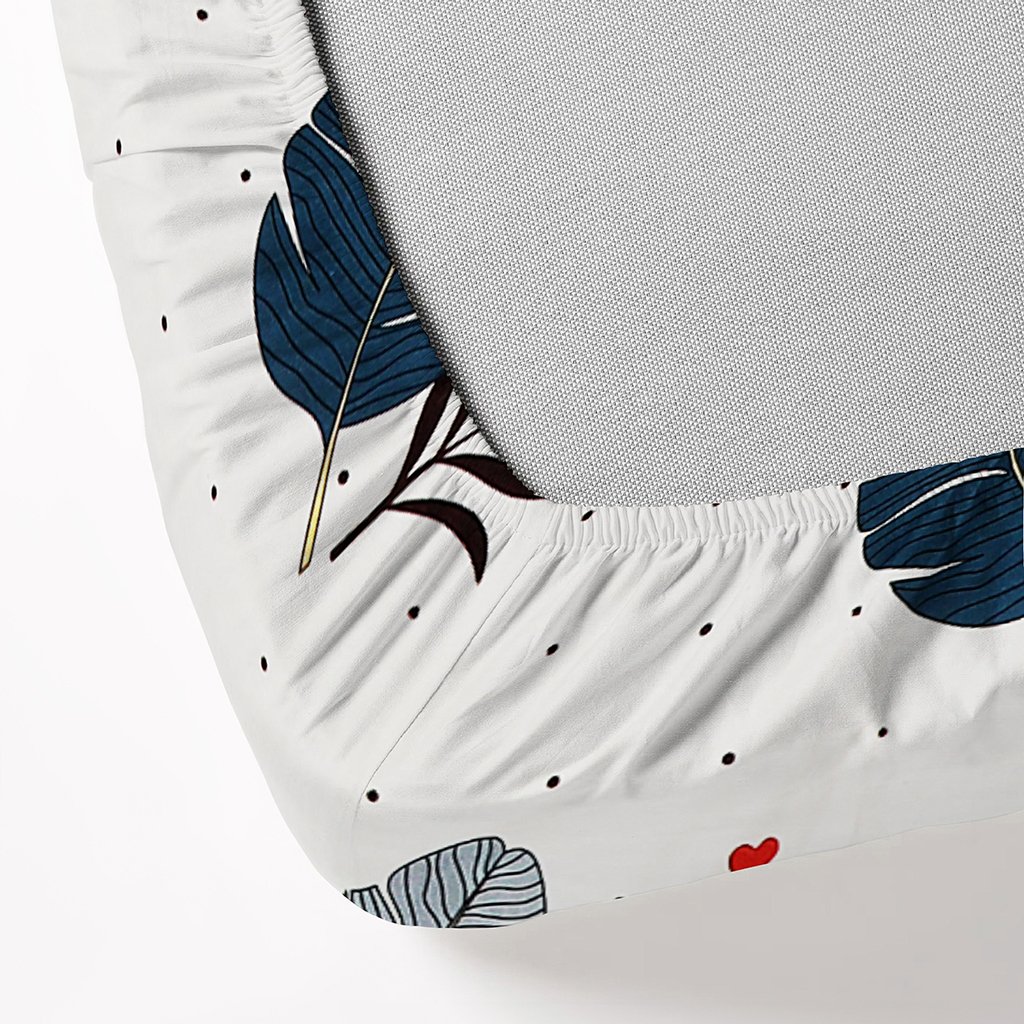 Single Glace Cotton Elastic Fitted Bed Sheet With One Pillow Cover (Multi Leaf)