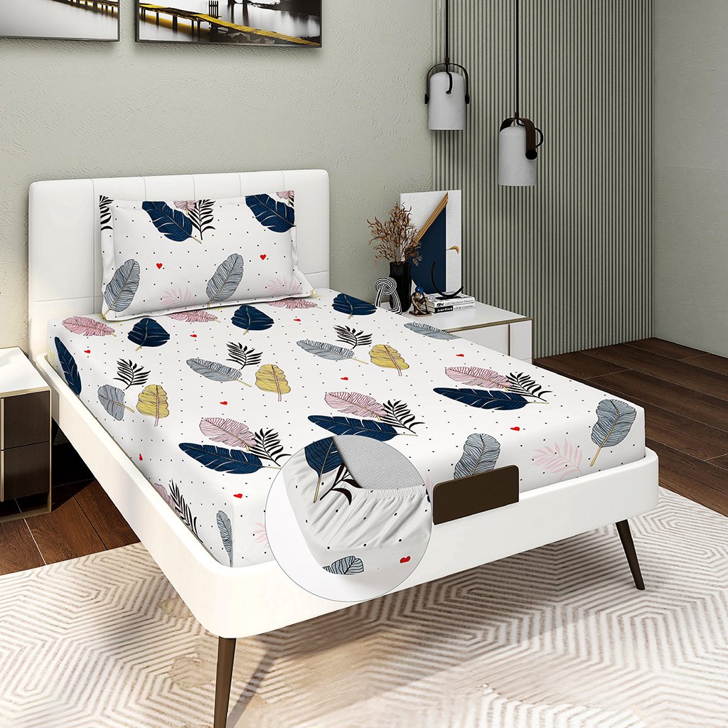 Single Glace Cotton Elastic Fitted Bed Sheet With One Pillow Cover (Multi Leaf)