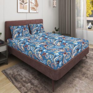 Elastic Fitted King Size Double Bed Sheet With 2 Pillow Covers (Blue)