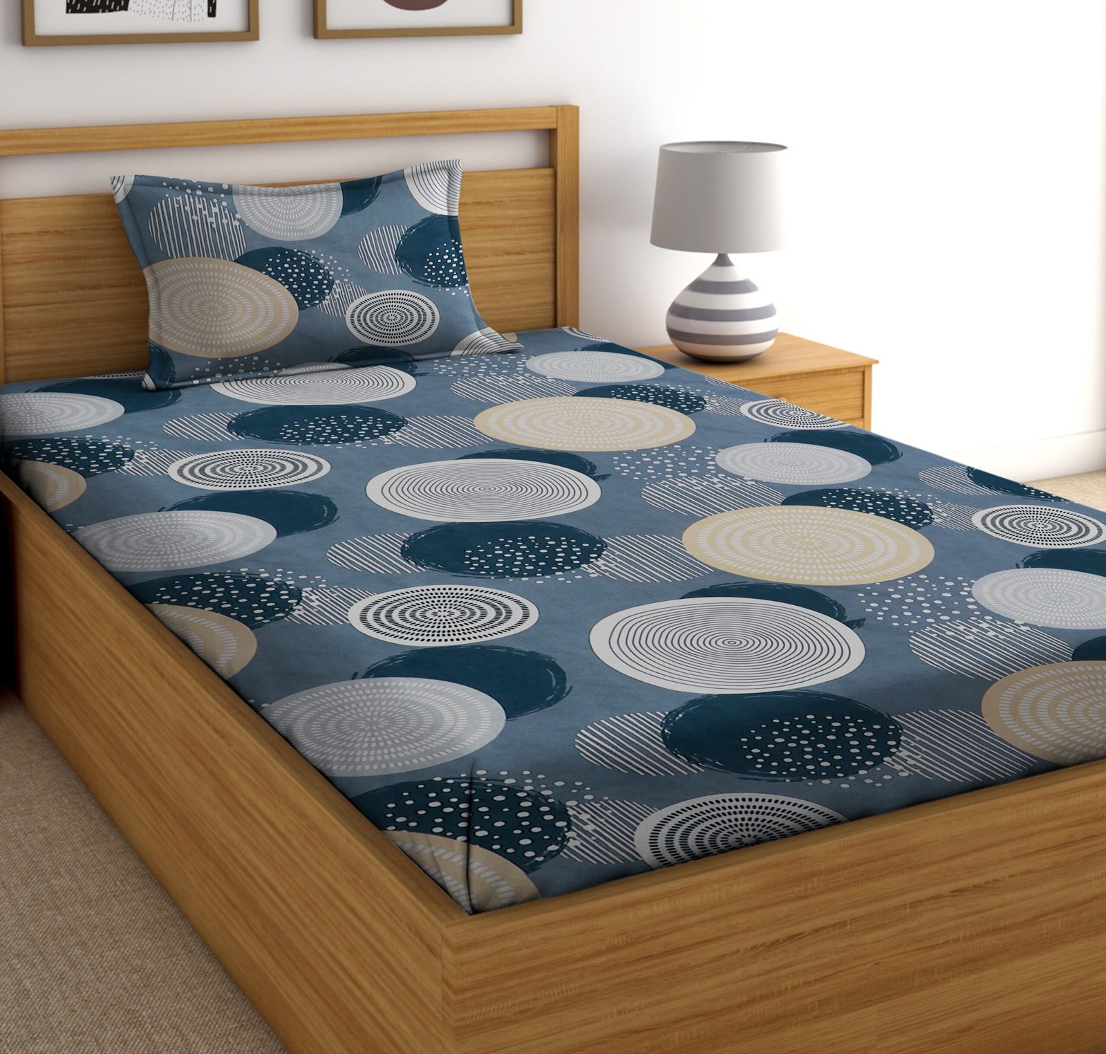 Single Glace Cotton Elastic Fitted Bed Sheet With One Pillow Cover (Blue)