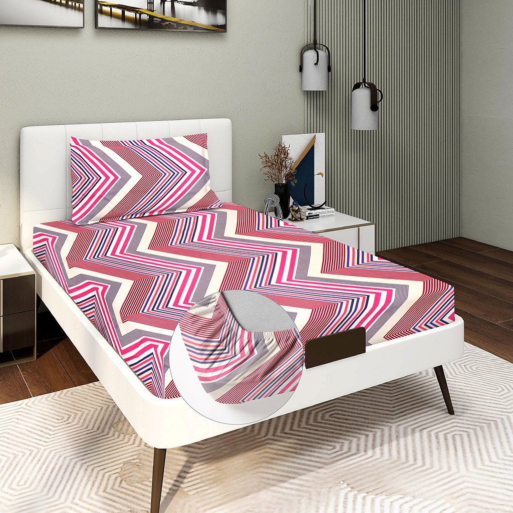 Single Glace Cotton Elastic Fitted Bed Sheet With One Pillow Cover (Pink)