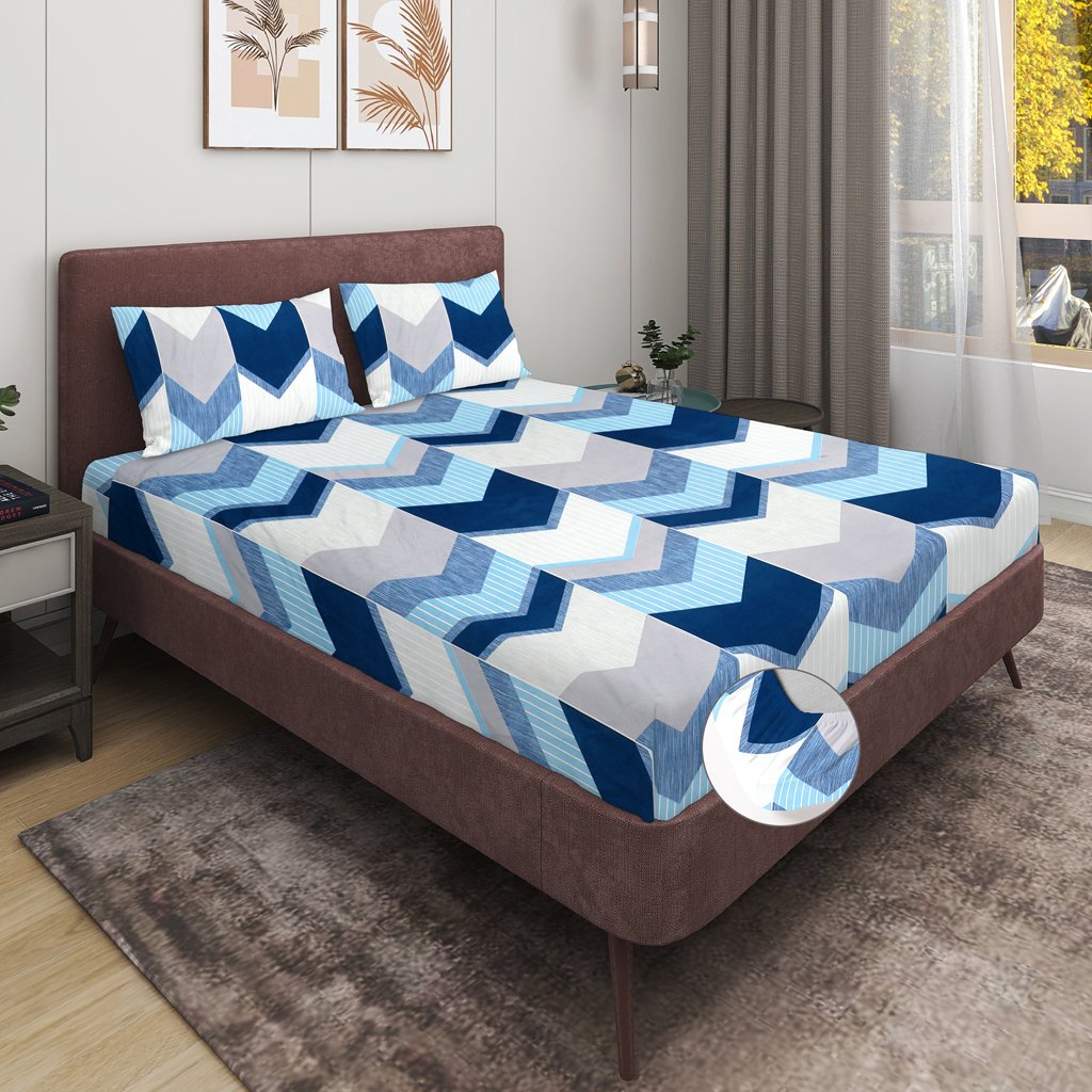 Elastic Fitted King Size Double Bed Sheet With 2 Pillow Covers (Blue)