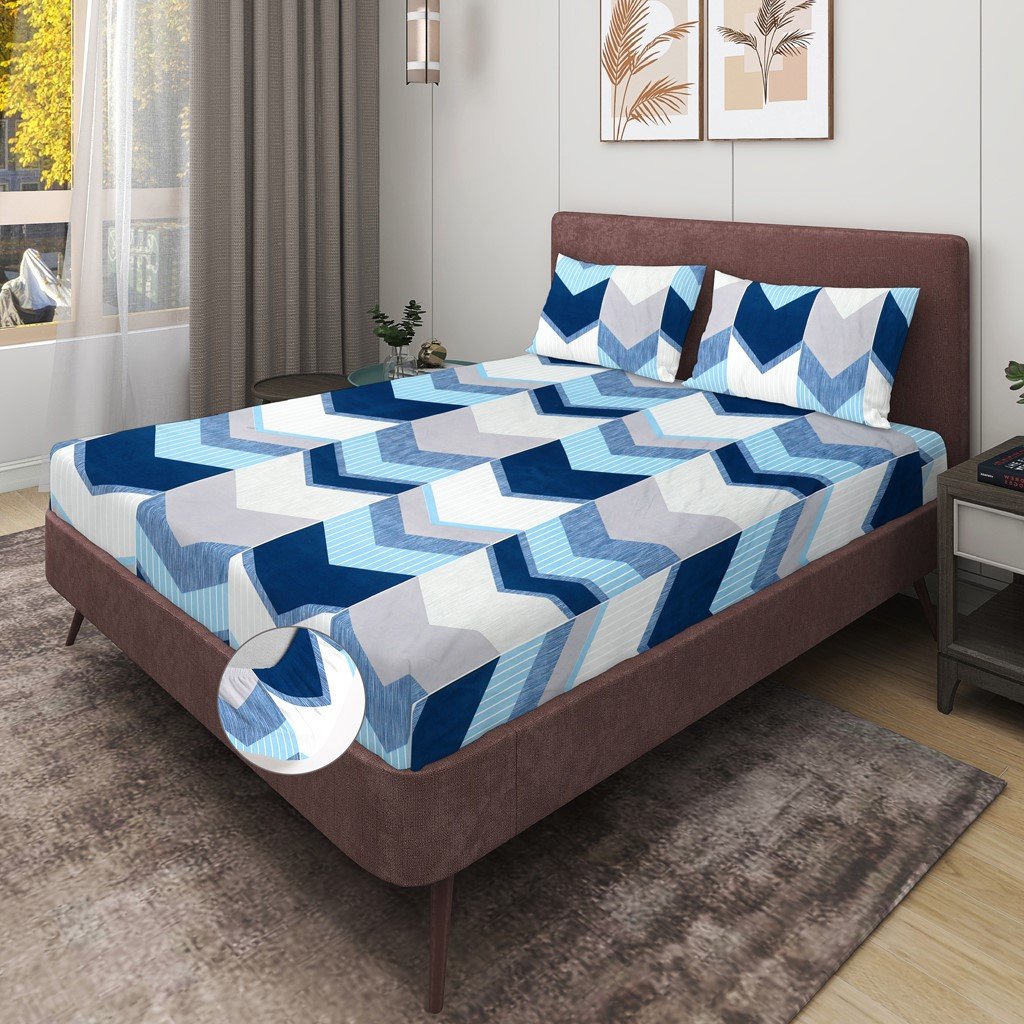 Elastic Fitted King Size Double Bed Sheet With 2 Pillow Covers (Blue)