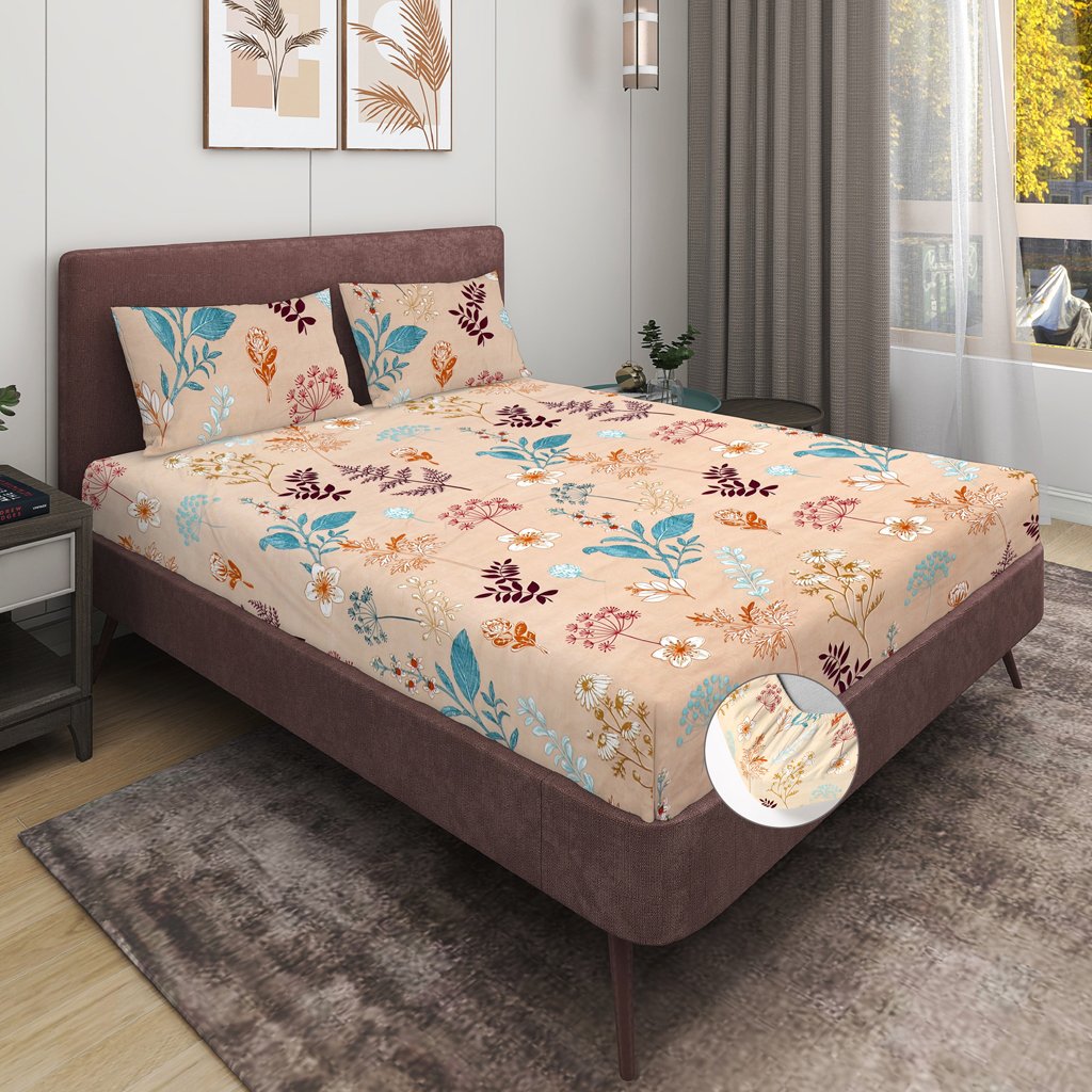 Elastic Fitted King Size Double Bed Sheet With 2 Pillow Covers (Cream)