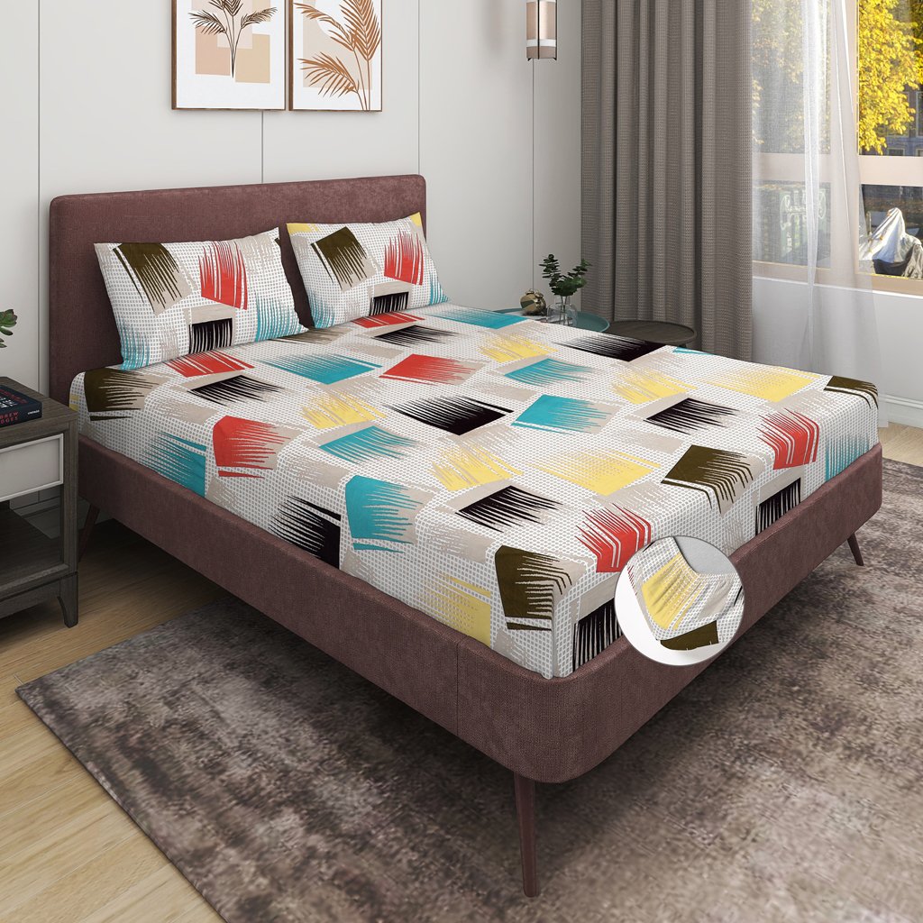 Elastic Fitted King Size Double Bed Sheet With 2 Pillow Covers (Multi Leaf)