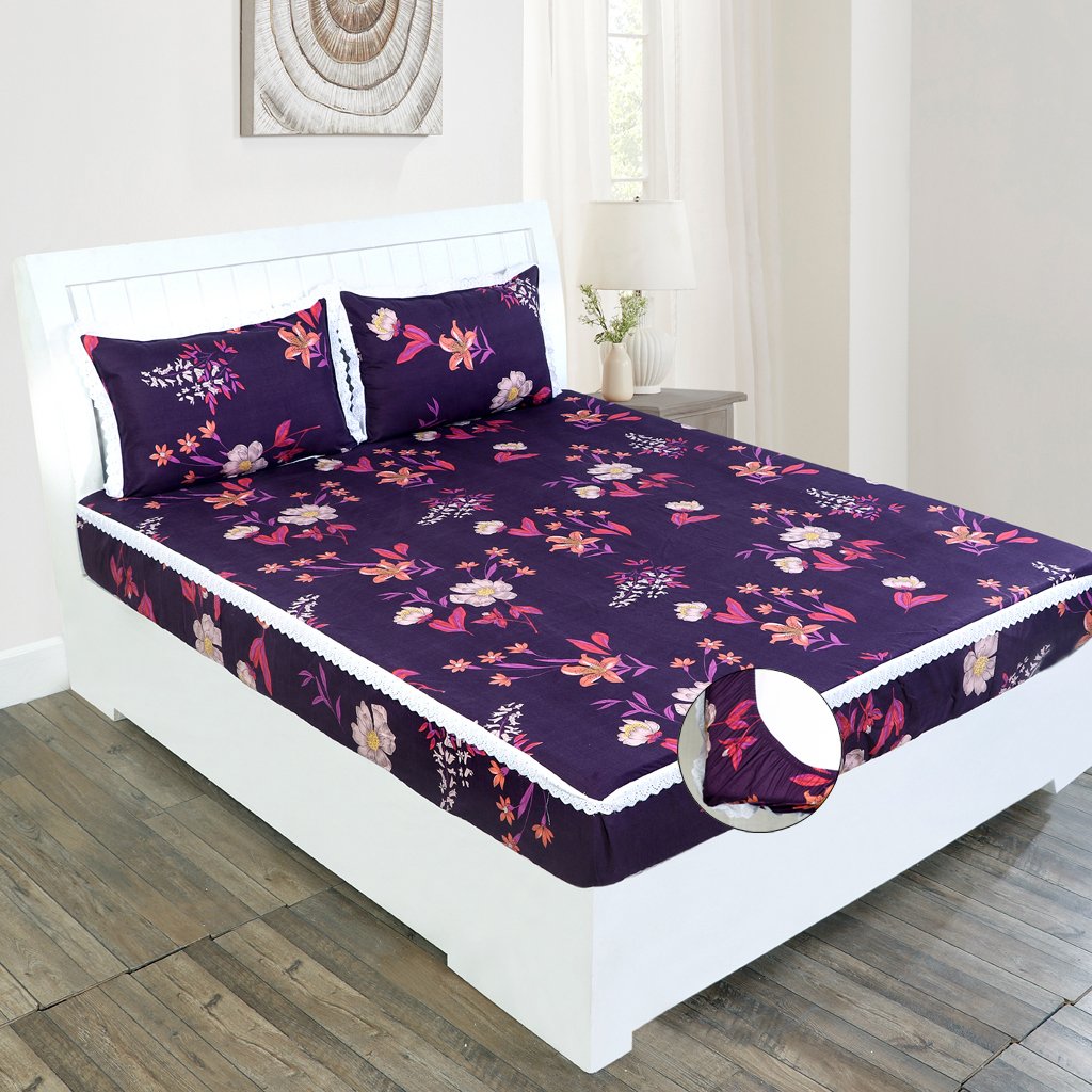 RD TREND Elastic Fitted King Size Double Bed Sheet Aesthetic Lace With 2 Pillow Covers (Purple)