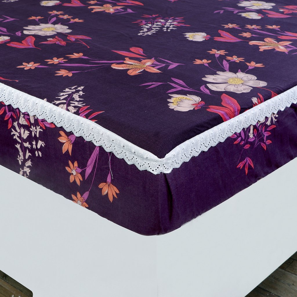 RD TREND Elastic Fitted King Size Double Bed Sheet Aesthetic Lace With 2 Pillow Covers (Purple)