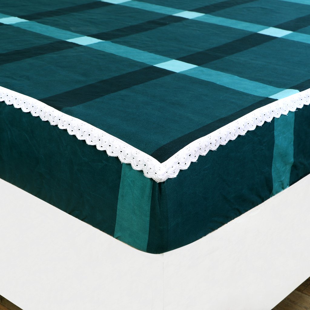 RD TREND Elastic Fitted King Size Double Bed Sheet Aesthetic Lace With 2 Pillow Covers (Green)