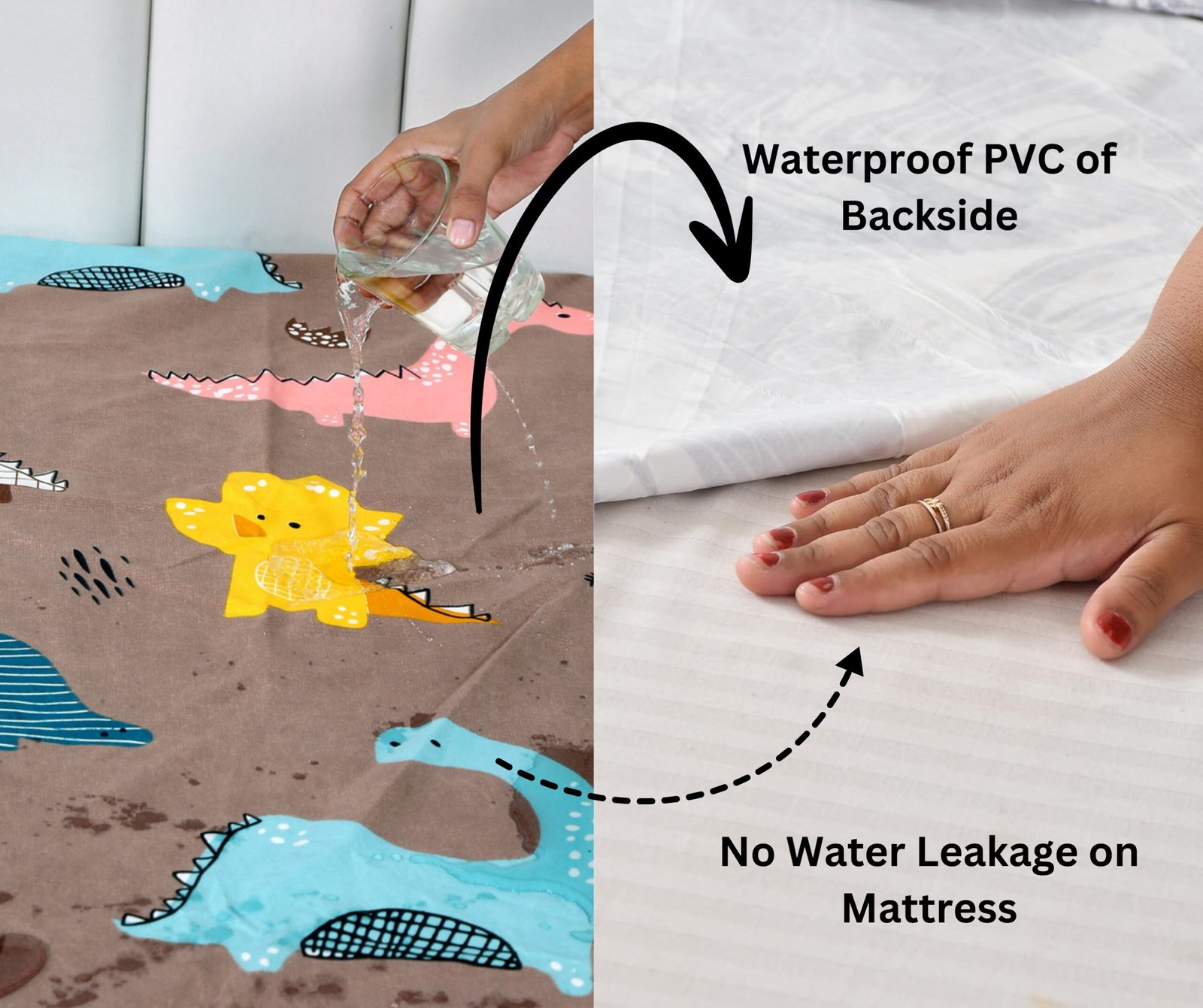 RD TREND Waterproof Elastic Fitted Bedsheet, King Size 72x78x8 Inch, with 2 Waterproof Pillow Covers 18x28 Inch, Washable, Wrinkle Resistant Multi Dinosaur