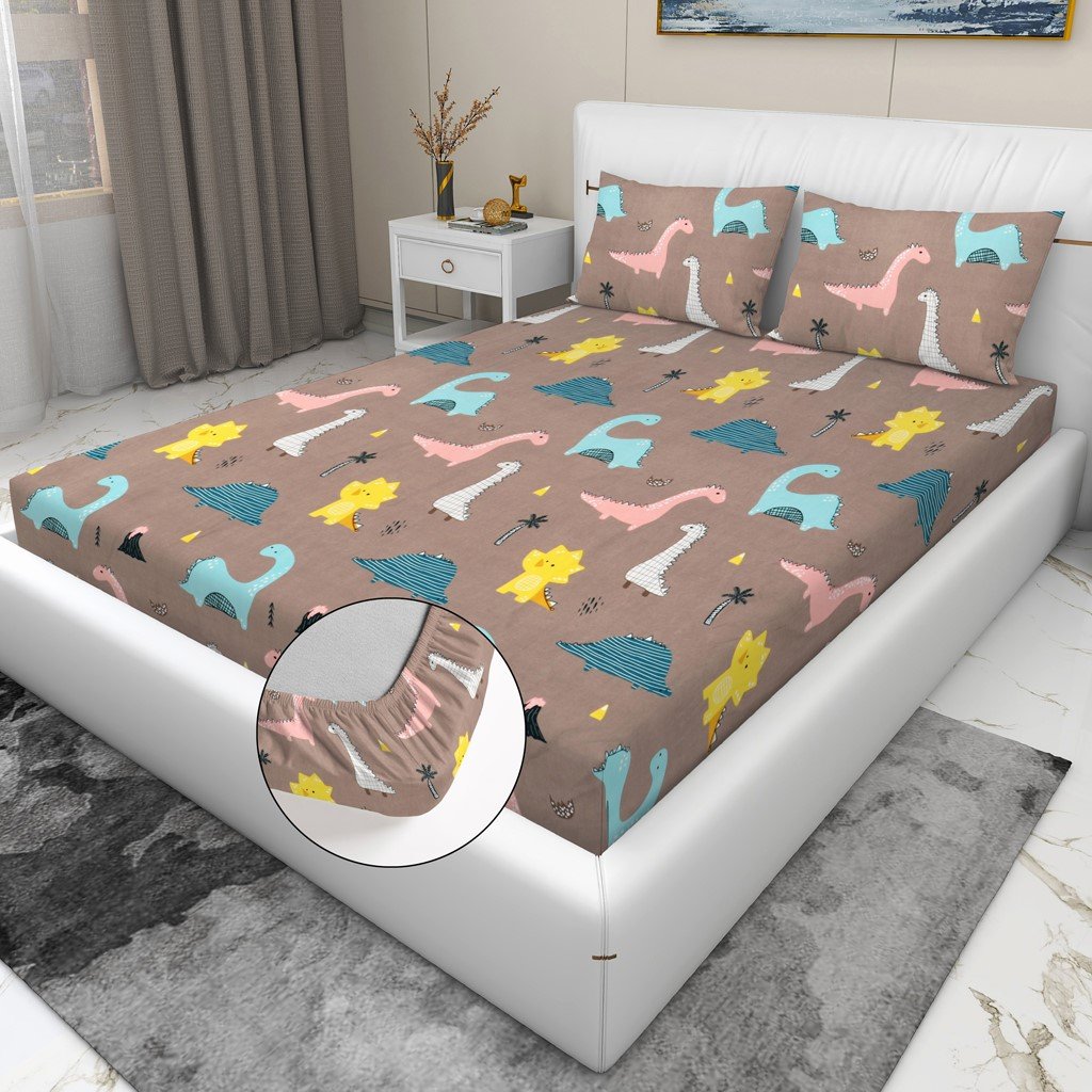 RD TREND Waterproof Elastic Fitted Bedsheet, King Size 72x78x8 Inch, with 2 Waterproof Pillow Covers 18x28 Inch, Washable, Wrinkle Resistant Multi Dinosaur