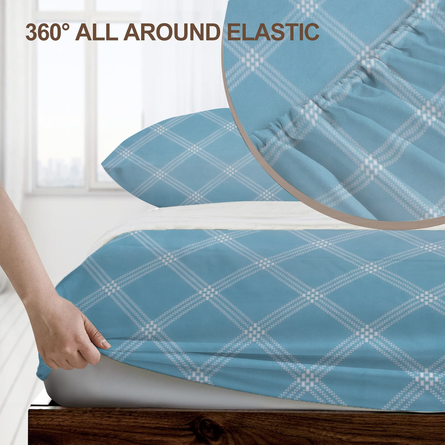 RD TREND® 360° Fitted Bedsheets Double Size 78x60x8 Inch, Elastic Bedsheets for Queen Size Bed with 2 Pillow Covers-18x28 Inch (Lines-Blue)