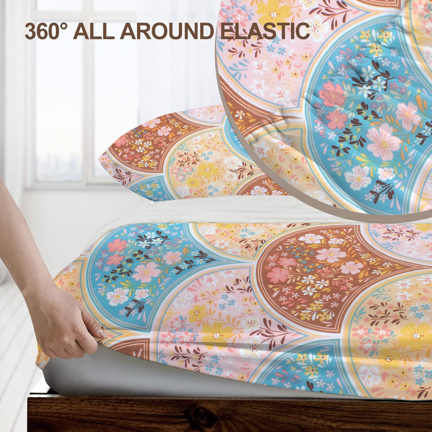 RD TREND® 360° Fitted Bedsheets Double Size 78x60x8 Inch, Elastic Bedsheets for Queen Size Bed with 2 Pillow Covers-18x28 Inch (Circls-Multi)