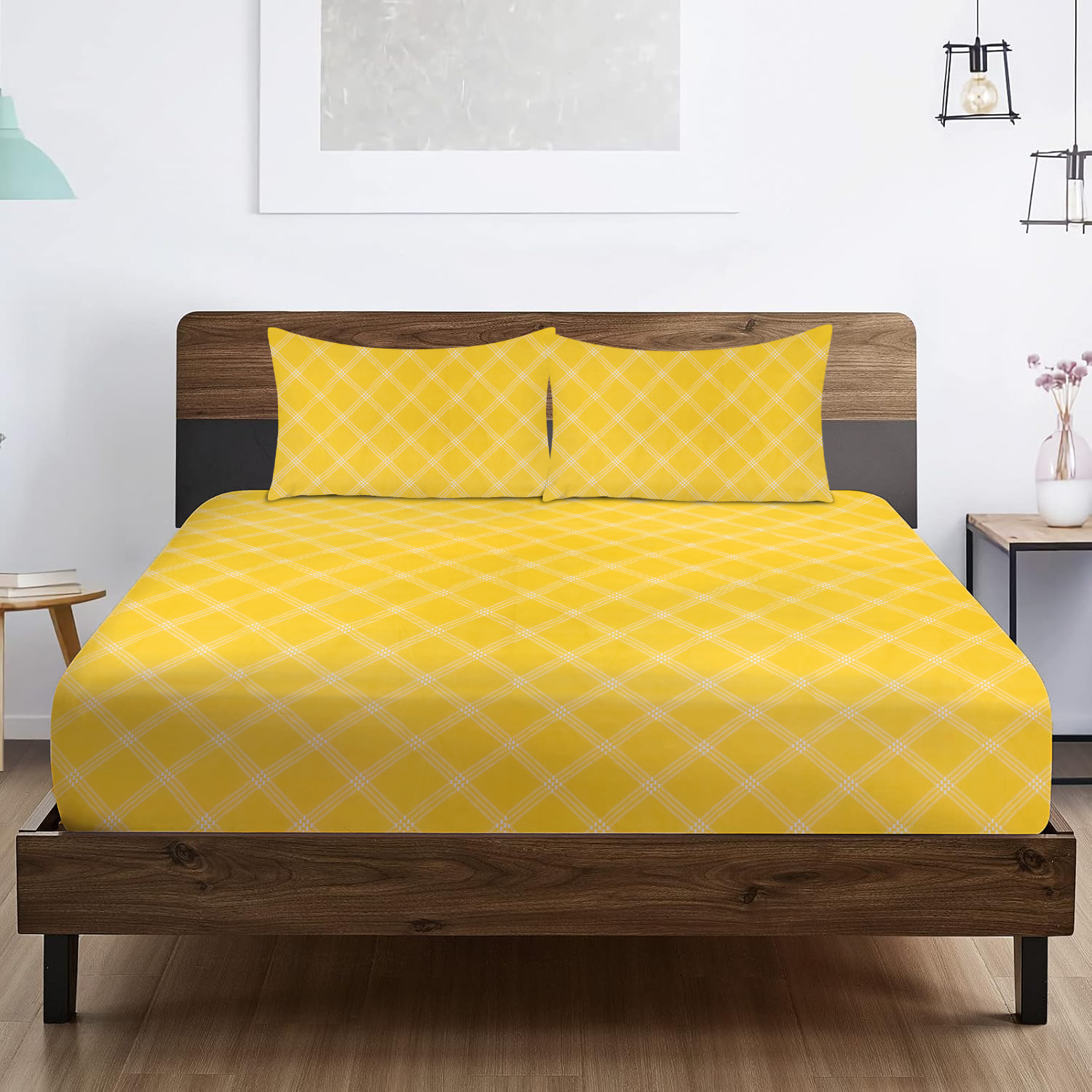 RD TREND® 360° Fitted Bedsheets Double Size 78x60x8 Inch, Elastic Bedsheets for Queen Size Bed with 2 Pillow Covers-18x28 Inch (Yellow)