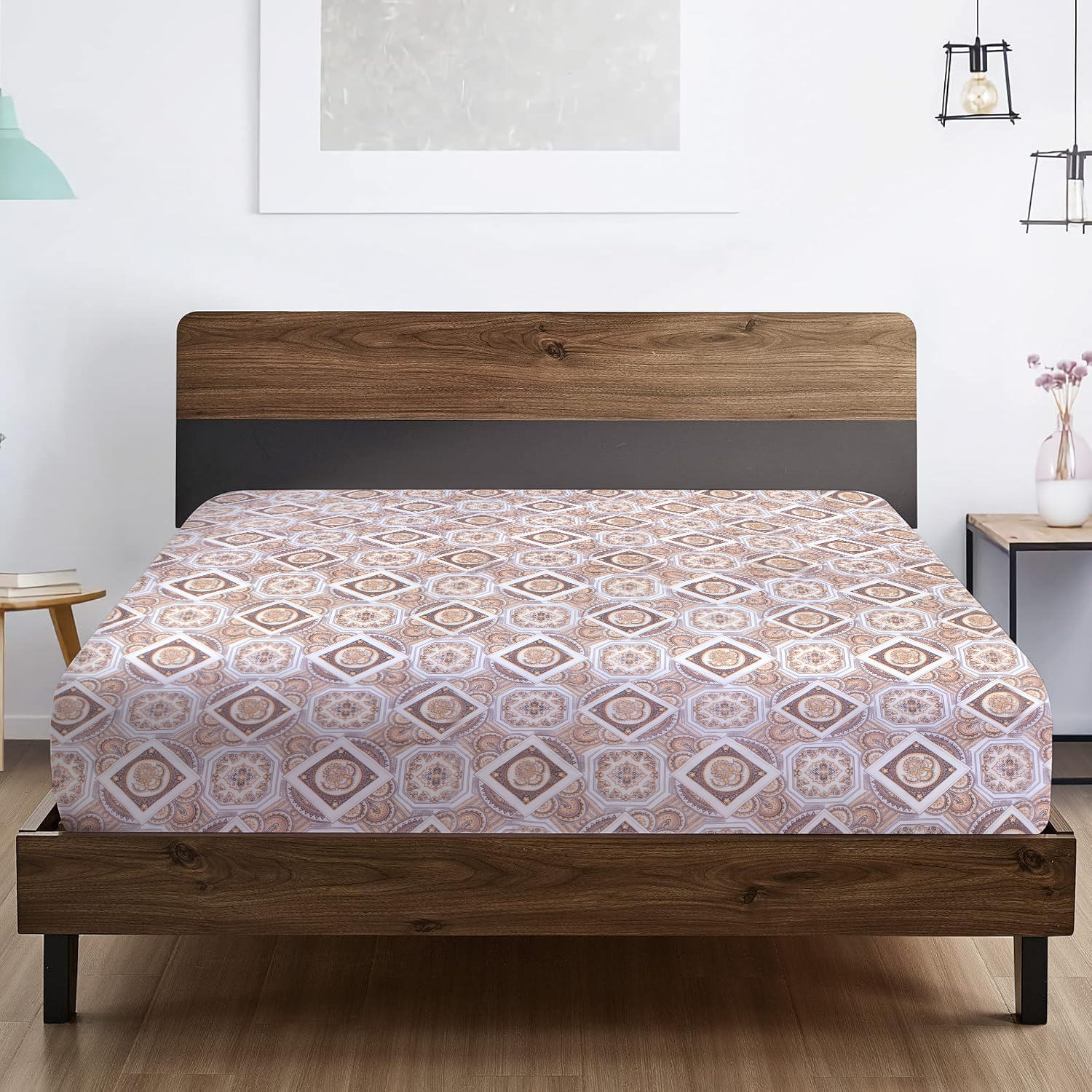 RD TREND® 360° Fitted Bedsheets Double Size 78x60x8 Inch, Elastic Bedsheets for Queen Size Bed with 2 Pillow Covers-18x28 Inch (Check-Brown)