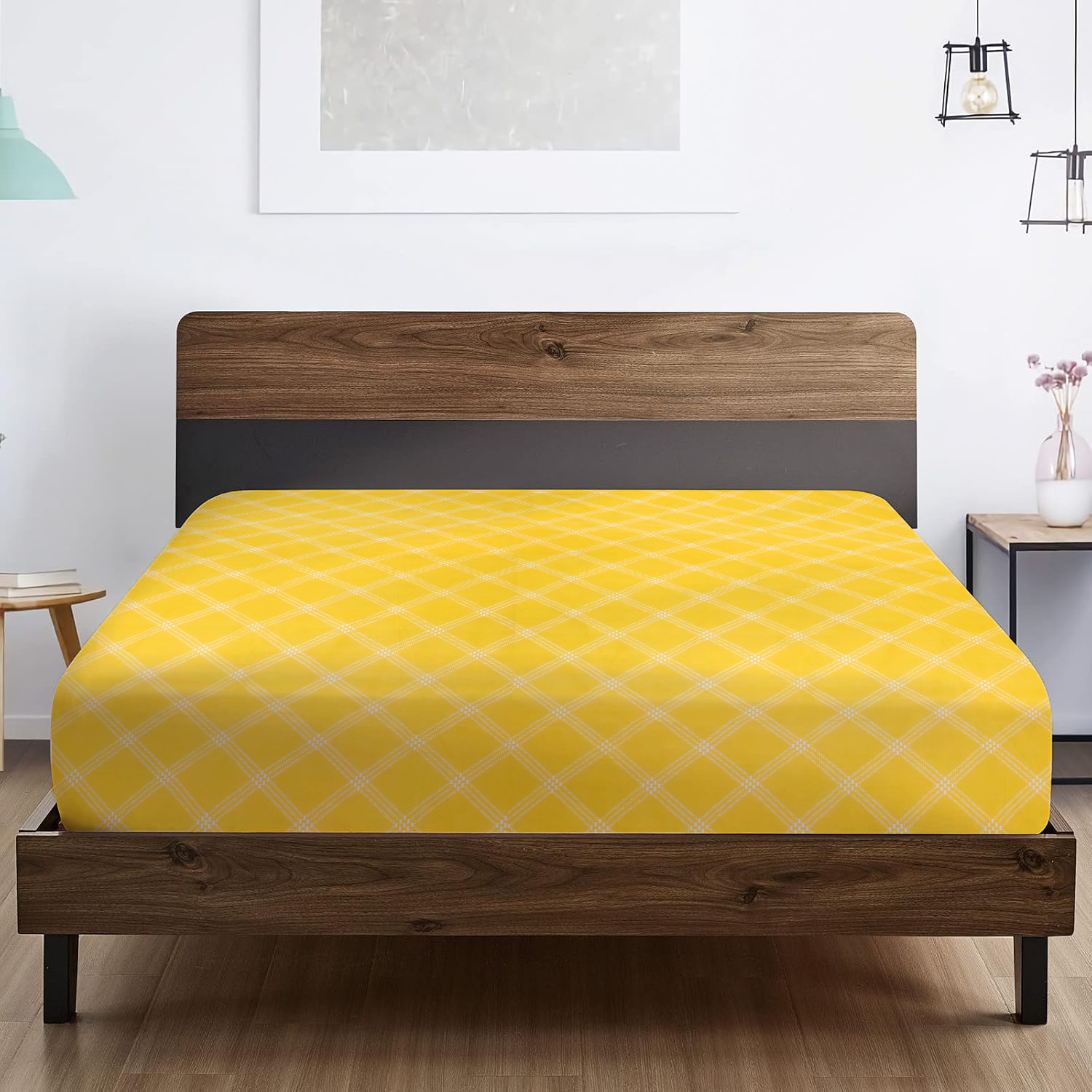RD TREND® 360° Fitted Bedsheets Double Size 78x60x8 Inch, Elastic Bedsheets for Queen Size Bed with 2 Pillow Covers-18x28 Inch (Yellow)