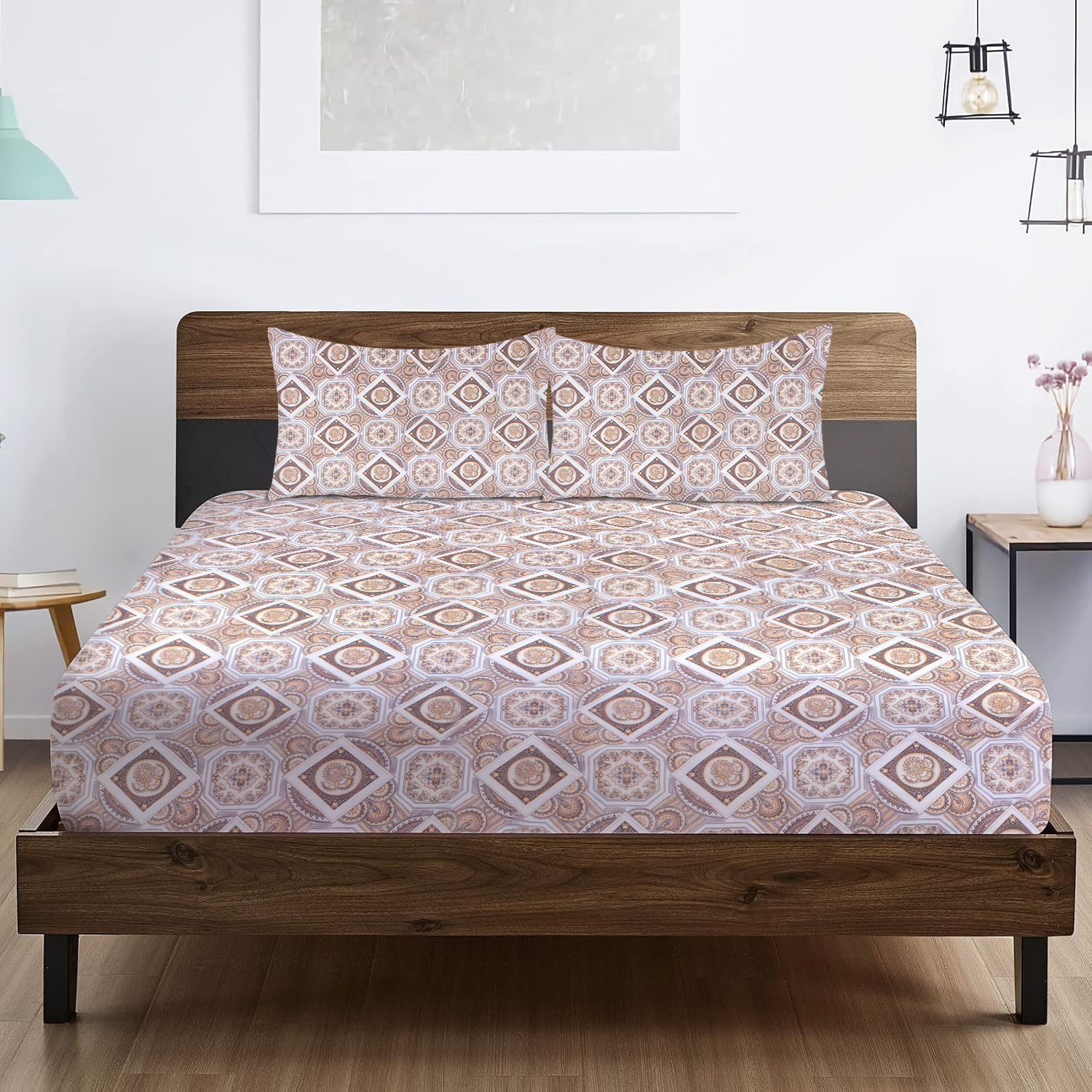 RD TREND® 360° Fitted Bedsheets Double Size 78x60x8 Inch, Elastic Bedsheets for Queen Size Bed with 2 Pillow Covers-18x28 Inch (Check-Brown)