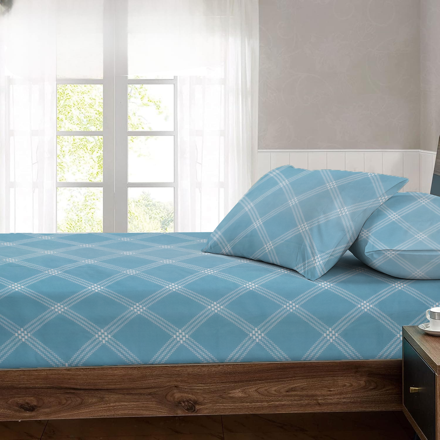 RD TREND® 360° Fitted Bedsheets Double Size 78x60x8 Inch, Elastic Bedsheets for Queen Size Bed with 2 Pillow Covers-18x28 Inch (Lines-Blue)