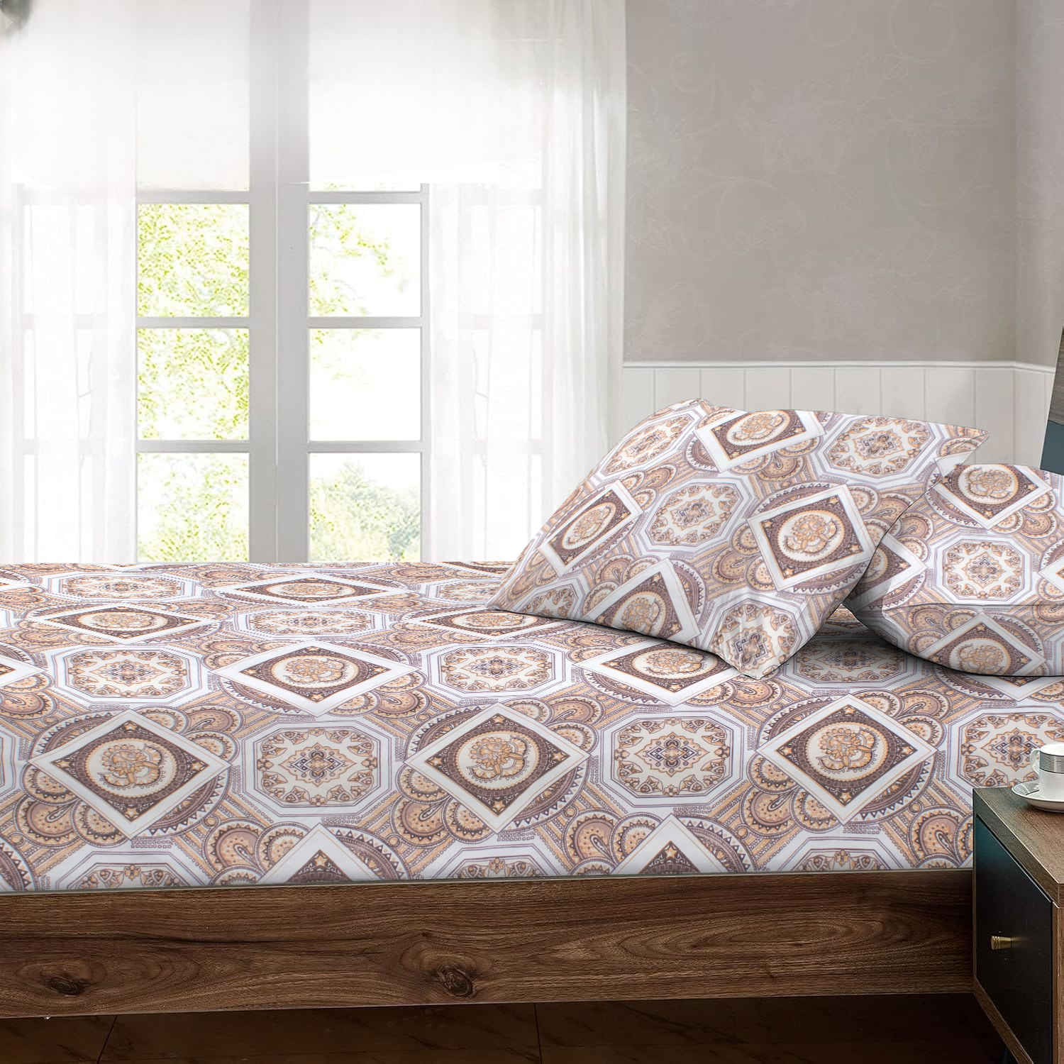 RD TREND® 360° Fitted Bedsheets Double Size 78x60x8 Inch, Elastic Bedsheets for Queen Size Bed with 2 Pillow Covers-18x28 Inch (Check-Brown)