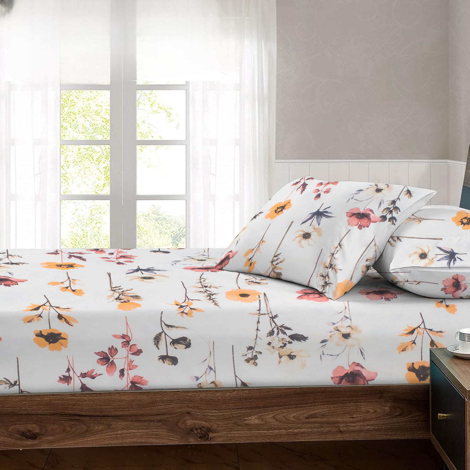 RD TREND® 360° Fitted Bedsheets Double Size 78x60x8 Inch, Elastic Bedsheets for Queen Size Bed with 2 Pillow Covers-18x28 Inch (Flower-Multi)