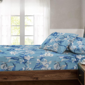 RD TREND® 360° Fitted Bedsheets Double Size 78x60x8 Inch, Elastic Bedsheets for Queen Size Bed with 2 Pillow Covers-18x28 Inch (Floral-Blue)