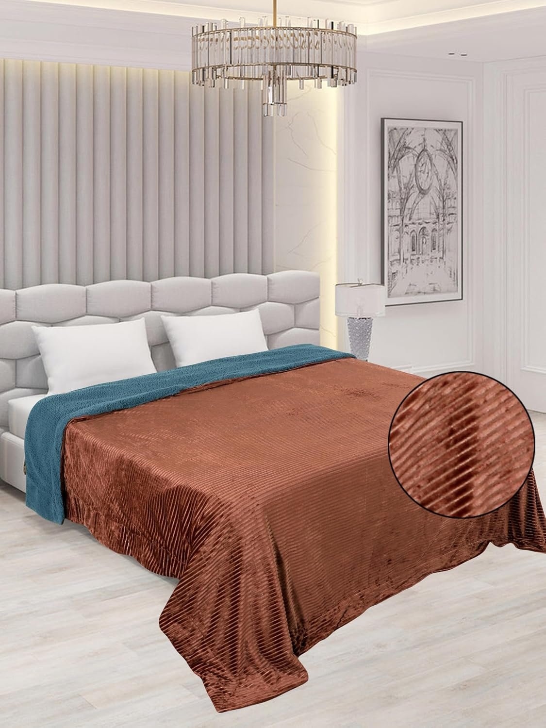 RD TREND Premium Blanket Double Bed/Mild Winter Sherpa Blanket Super Soft Stripe Flannel for Bed, Sofa, Couch, Camping and Travel (Brown)