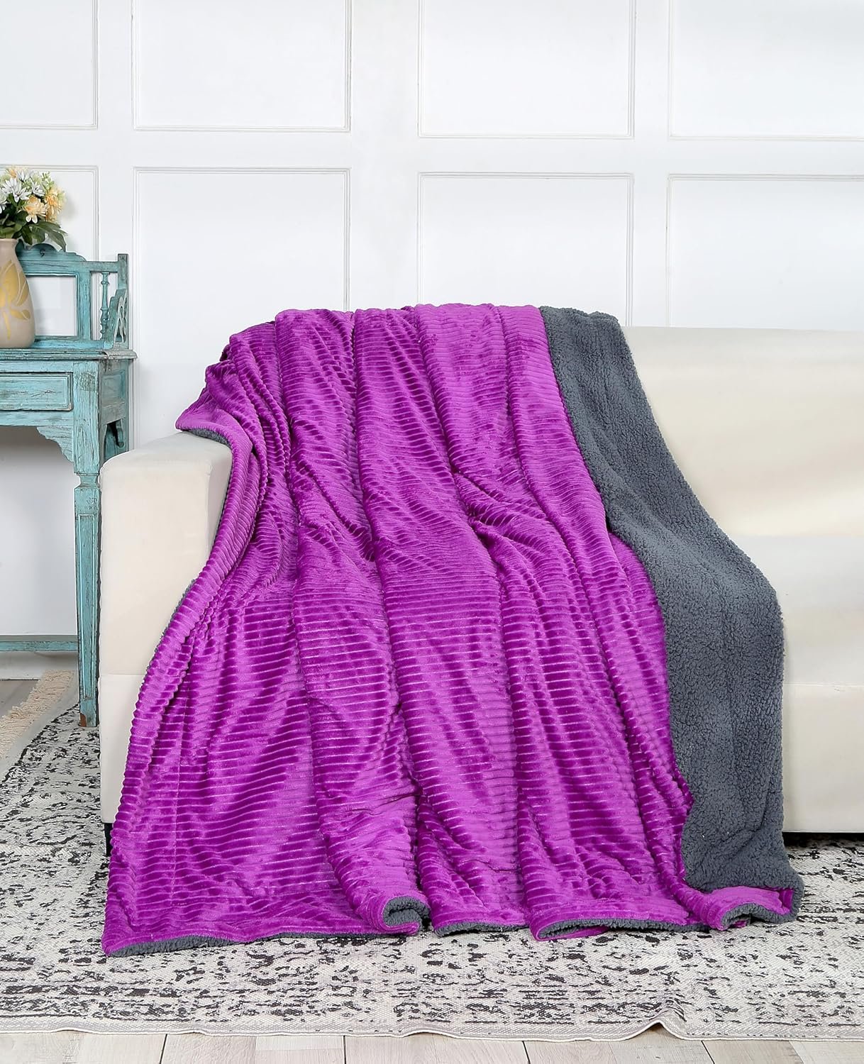 RD TREND Premium Blanket Double Bed/Mild Winter Sherpa Blanket Super Soft Stripe Flannel for Bed, Sofa, Couch, Camping and Travel (Dark Pink)