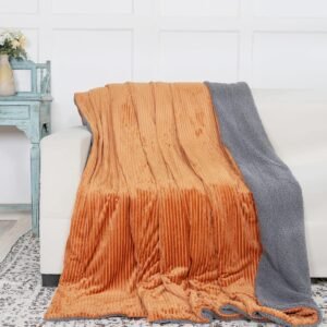 RD TREND Premium Blanket Double Bed/Mild Winter Sherpa Blanket Super Soft Stripe Flannel for Bed, Sofa, Couch, Camping and Travel (Light Mustard)