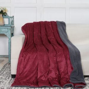 RD TREND Premium Blanket Double Bed/Mild Winter Sherpa Blanket Super Soft Stripe Flannel for Bed, Sofa, Couch, Camping and Travel (Maroon)