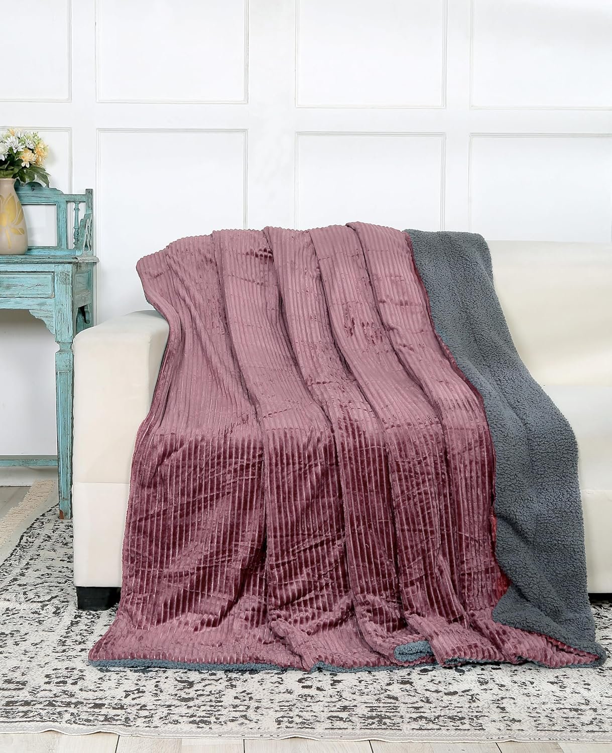 RD TREND Premium Blanket Double Bed/Mild Winter Sherpa Blanket Super Soft Stripe Flannel for Bed, Sofa, Couch, Camping and Travel (Wine)