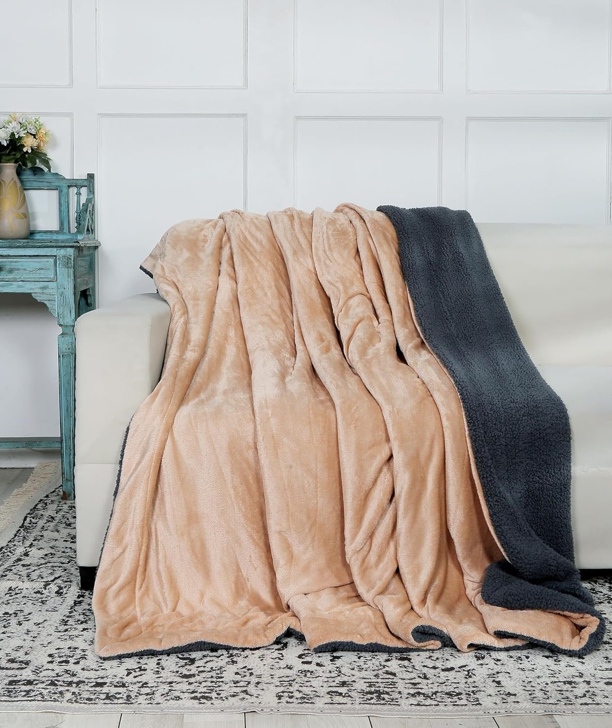 RD TREND Premium Double Bed/Mild Winter Sherpa Blanket Super Soft Flannel for Bed, Sofa, Couch, Camping and Travel (Plain) (Beige)