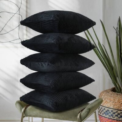 Cushion Cover Set of 5, Decorative Sofa Living Room Home Square Cushion Covers 16 Inch x 16 Inch, Aesthetic Corduroy Striped Double Sided (Black,Pack of 5)